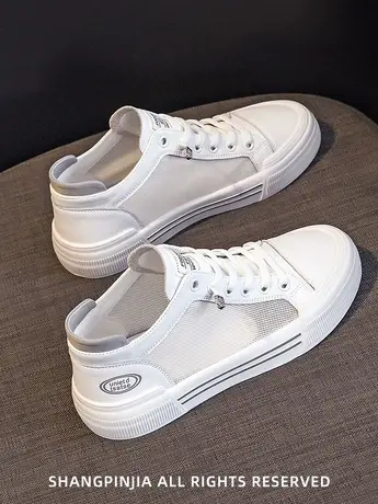 真皮镂空小白鞋女2023新款高帮网面夏季ins潮透气休闲一脚蹬板鞋商品大图