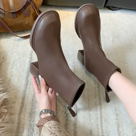 马丁靴女2023年新款秋冬季网红百搭粗跟鞋子高跟通勤法式显瘦短靴图片