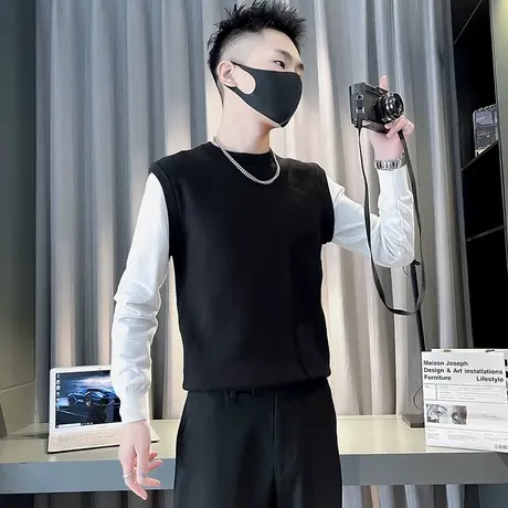 高级感拼接假两件套头毛衣男秋冬款轻熟风休闲内搭针织线衣t恤衫商品大图