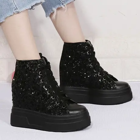 2023年春季内增高女鞋10公分亮片高帮运动鞋黑色厚底坡跟休闲单鞋商品大图