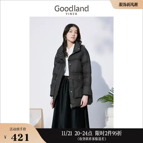 Goodland美地女装冬季高领加厚保暖大口袋白鸭绒面包羽绒服商品大图