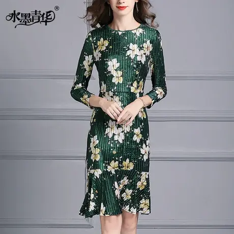 水墨青华春季新款修身印花丝绒裙圆领长袖时尚鱼尾摆连衣裙图片