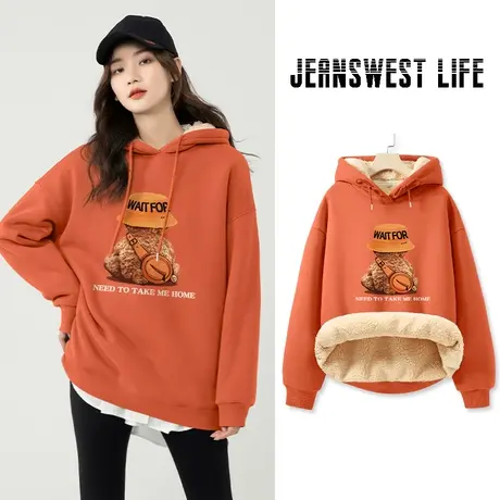 真维斯LIFE连帽卫衣女加绒加厚2022年冬季小个子港味chic上衣外套商品大图