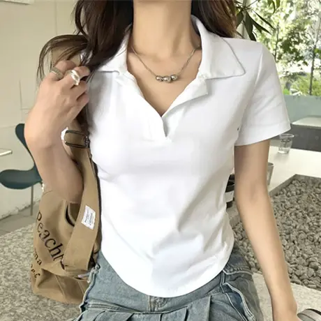 polo领正肩白色t恤女短袖夏季修身高级设计感独特别致短款小上衣商品大图