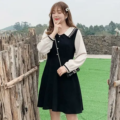 2024秋新款翻领长袖宽松收腰显瘦遮肚子A字大码胖mm连衣裙200斤商品大图