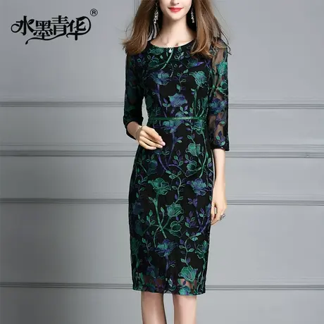 【1件7.9折】秋装新品时尚圆领优雅修身显瘦七分袖蕾丝绣花连衣裙商品大图