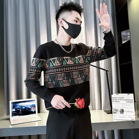 毛衣男秋冬季新款个性几何提花套头保暖针织衫个性修身内搭线衣潮商品大图