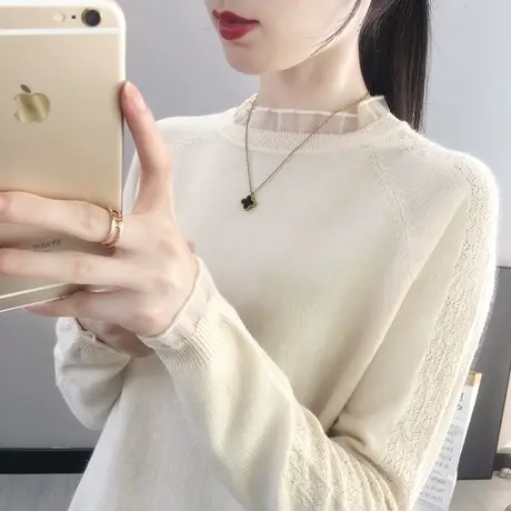 2023春秋新款宽松针织衫毛衣女内搭爆款长袖蕾丝针织打底衫女洋气商品大图