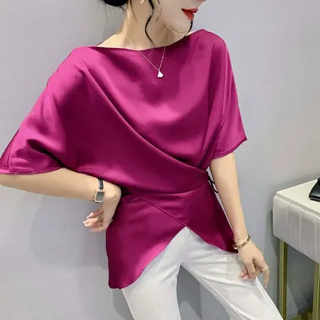 不规则系带上衣女短袖设计感开叉一字领t恤2023流行高级感体恤ins商品大图