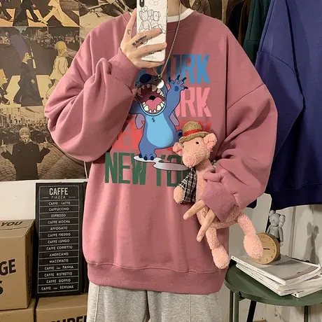 套头卫衣男春季新款港风印花长袖T恤韩版宽松情侣衣服潮流打底衫图片