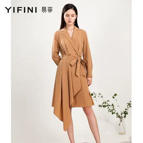 Yifini/易菲杏色风衣式连衣裙不对称中长款腰带法式复古裙子春秋商品大图