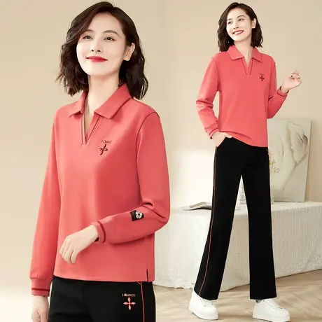 运动休闲套装女2023年新款洋气中年妈妈减龄V领卫衣直筒裤两件套商品大图