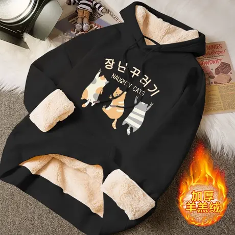 羊羔绒连帽卫衣女2023年新款加绒加厚小众风女士外穿洋气减龄上衣图片