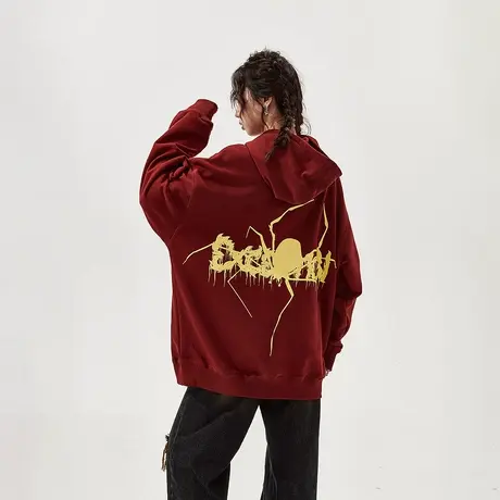 YEP美式复古酒红色连帽卫衣女春秋2024新款宽松oversize外套上衣商品大图