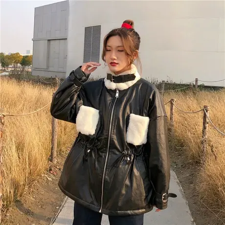 2021秋冬新款韩版中长款pu皮衣女机车服加绒加厚皮衣加棉夹克外套商品大图