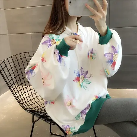 慵懒风印花卫衣女连帽套头衫潮2023年秋冬新款韩版百搭拼色上衣商品大图