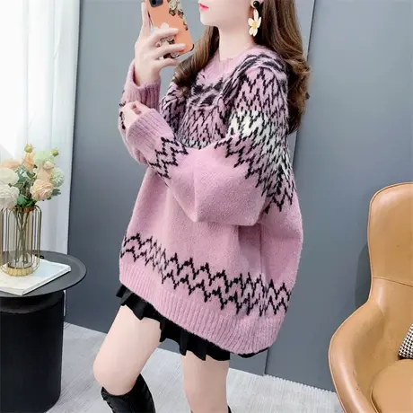 复古撞色提花圆领毛衣女2023年新款秋冬宽松慵懒温柔风软糯针织衫图片