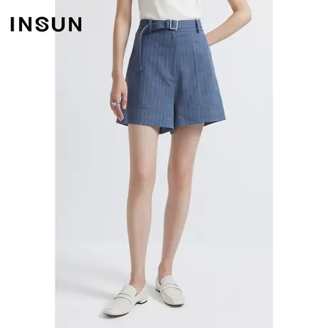 INSUN恩裳夏季麻布条纹弹力短裤图片