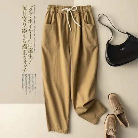 全棉休闲裤宽松纯色文艺复古小脚裤哈伦裤工装裤通勤2022春秋新款商品大图