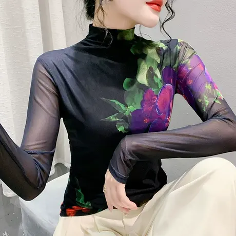 2024秋冬新款T恤女长袖性感网纱扎染半高领打底衫洋气修身上衣ins商品大图