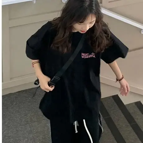 短袖t恤女夏季2023新款oversize设计感小众半袖黑色潮牌正肩女t恤商品大图