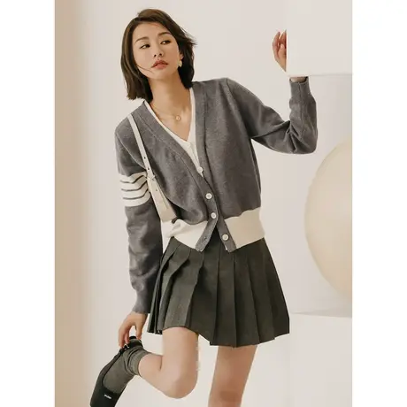 弥古灰色假两件针织衫上衣春秋拼色外套女开衫法式v领收腰打底衫商品大图