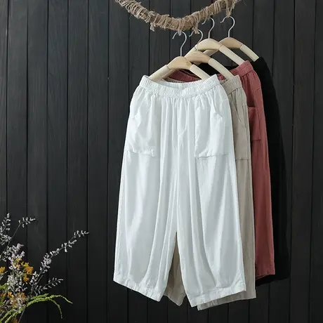 复古文艺棉麻松紧自然腰七分裤女宽松休闲纯色百搭薄款哈伦灯笼裤商品大图