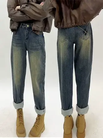 哈伦牛仔裤女秋季新款小个子高腰显瘦百搭宽松直筒萝卜老爹裤子潮商品大图