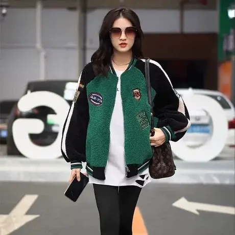 拼色羊羔毛短外套女小个子加厚棒球服夹克上衣秋冬2023新款欧洲站图片