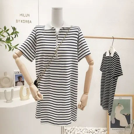 2022夏季短袖连衣裙韩国东大门ins休闲慵懒风polo领中长款T恤大码图片