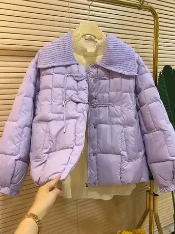 2023冬季新款时尚美拉德中式针织翻领复古盘扣羽绒棉新款棉袄女潮商品大图