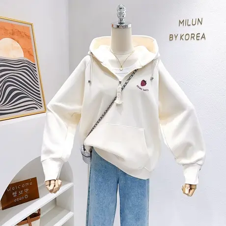 ins奶油风软糯草莓连帽卫衣2023秋季韩国东大门甜美温柔长袖上衣商品大图