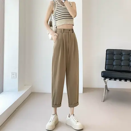 卡其色西装裤女夏季薄款冰丝高腰显瘦九分萝卜哈伦直筒休闲烟管裤商品大图