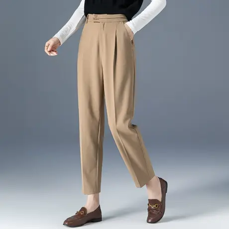 卡其色裤子女春秋高腰西装裤2023新款妈妈女裤宽松九分哈伦休闲裤商品大图
