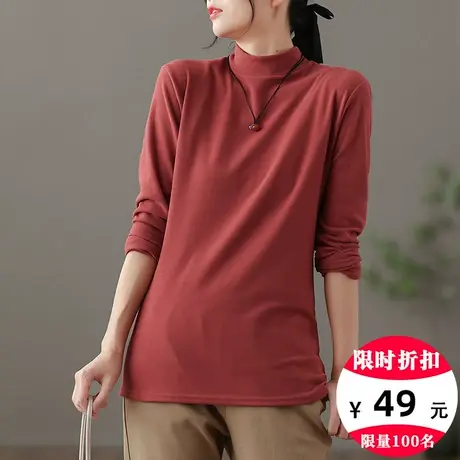 dza复古纯色高弹长袖t恤女士2023秋冬新款内搭打底衫短款高领上衣商品大图