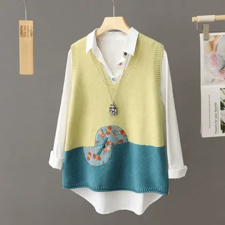 V领针织马甲背心女春秋2024新款设计感拼色无袖叠穿外穿坎肩上衣商品大图