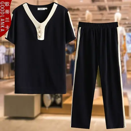 中年妈妈夏装运动服套装大码宽松洋气时尚冰丝T恤短袖休闲两件套商品大图