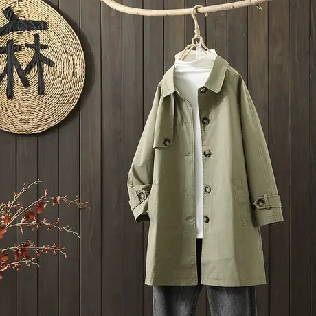 枫谜2021年秋装新款韩版全棉中长款风衣女宽松翻领休闲大衣外套图片