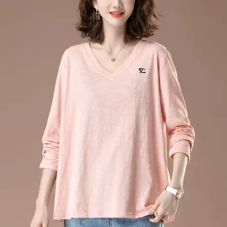 长袖T恤女春秋新款加肥加大码女装宽松中年妈妈竹节棉显瘦打底衫商品大图