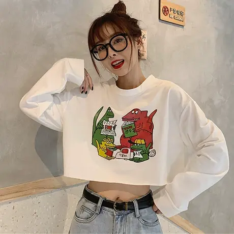 网红长袖t恤女ins超火宽松2019韩版潮学生短款露脐百搭mschf上衣图片