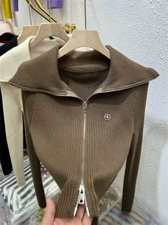 针织开衫外套女秋新款2023安迪绒纯色软糯坑条拉链翻领氛围感上衣商品大图