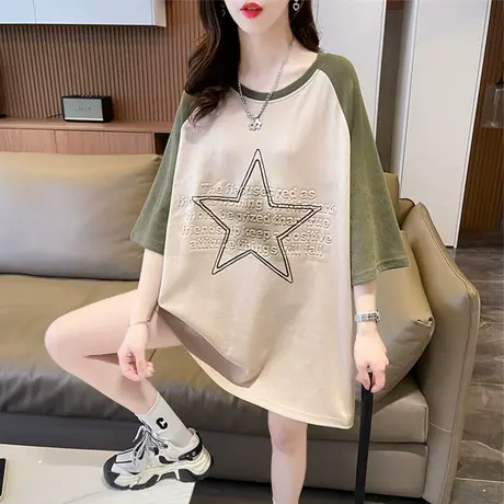 小众设计感短袖t恤女夏装韩版宽松大码中长款撞色百搭半袖上衣服图片