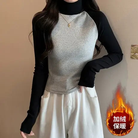 拼接撞色高领长袖T恤女秋冬德绒保暖加绒修身内搭短款上衣打底衫图片