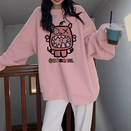 粉色卫衣女秋季薄款闺蜜装oversize大码显瘦外套ins潮小个子上衣商品大图