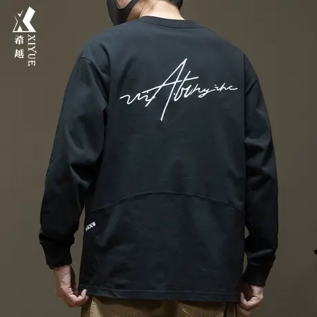 希越春秋刺绣长袖t恤男生260g重磅高密螺纹领口大码内搭打底衫男商品大图