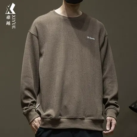 日系提花针织卫衣男春秋加肥加大圆领套头打底衫宽松大码刺绣上衣商品大图