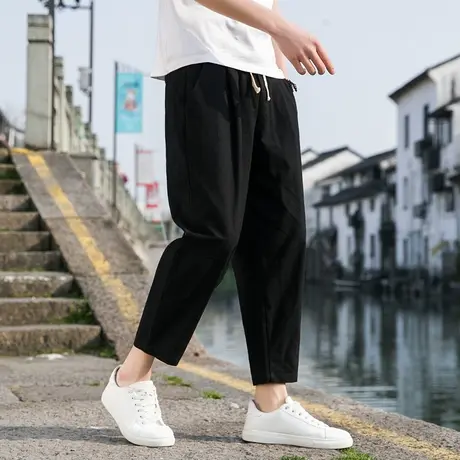 亚麻休闲裤男夏季港风裤子潮流宽松直筒阔腿裤ins潮牌九分运动裤商品大图