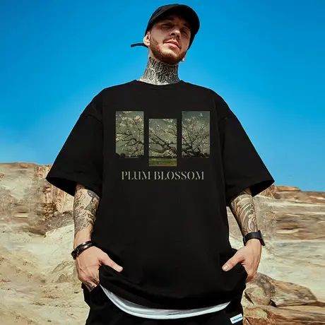 欧美街头复古慵懒风嘻哈半袖ins短袖男潮牌宽松潮胖子大码男装T恤商品大图