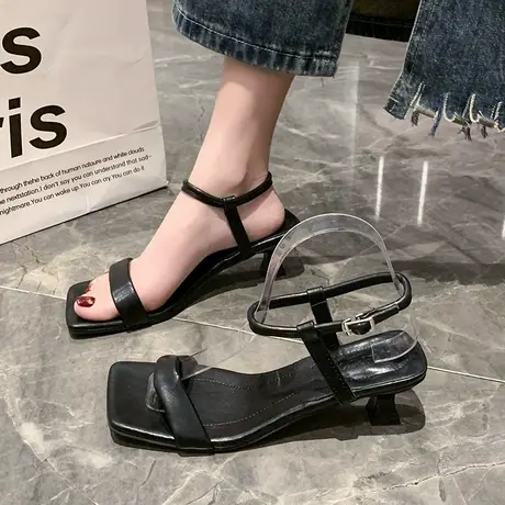 罗马凉鞋女夏季2024新款法式一字带女鞋细跟高级感防滑黑色高跟鞋商品大图