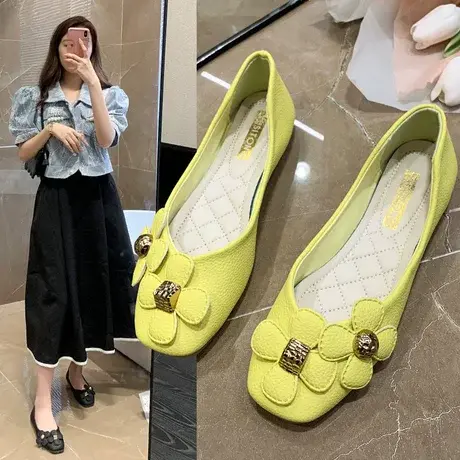 方头小香风蝴蝶结浅口单鞋女2023年夏季新款时尚方跟花朵平底鞋潮商品大图